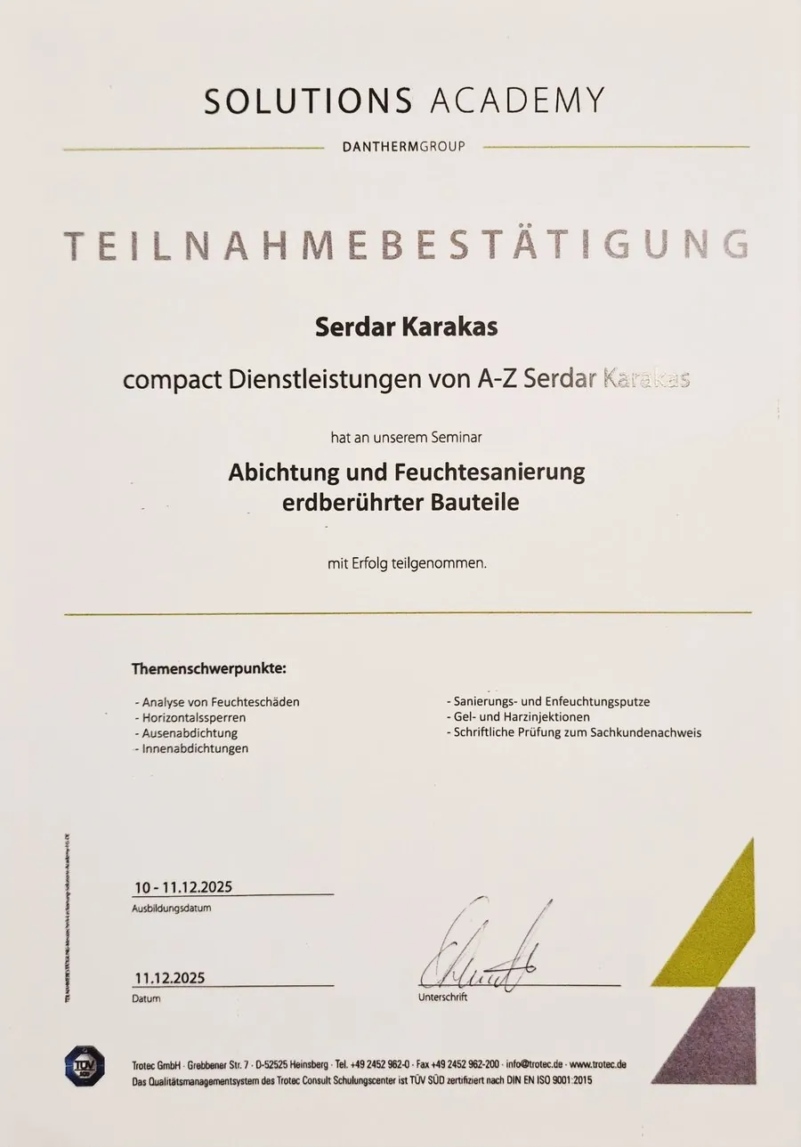 Teilnahmebestätigung Abdichtung und Feuchtesanierung erdberührter Bauteile, 2025