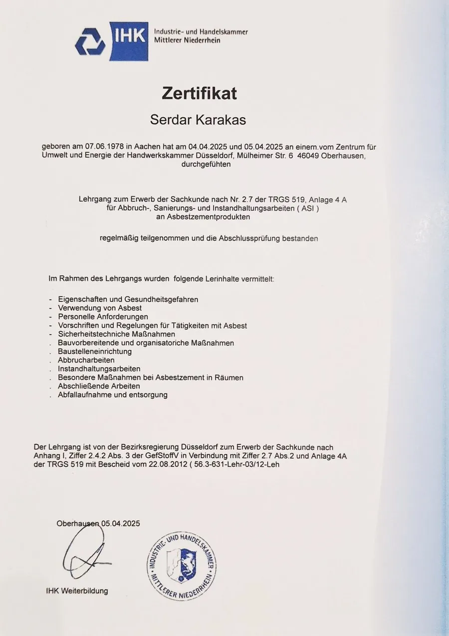Sachkundenachweis nach TRGS 519 der IHK Mittlerer Niederrhein, 2025
