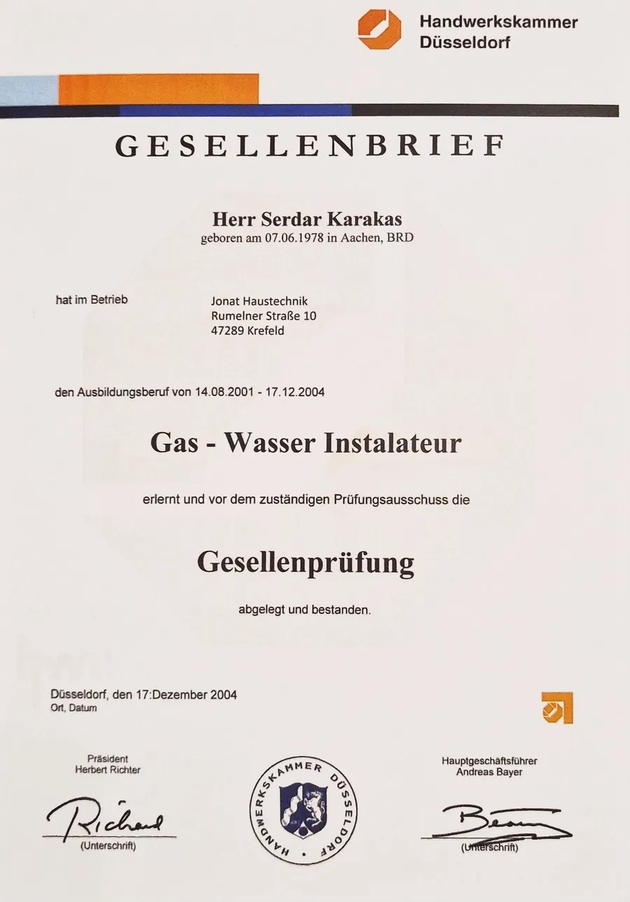 Gesellenbrief Gas- und Wasserinstallateur der Handwerkskammer Düsseldorf, 2004