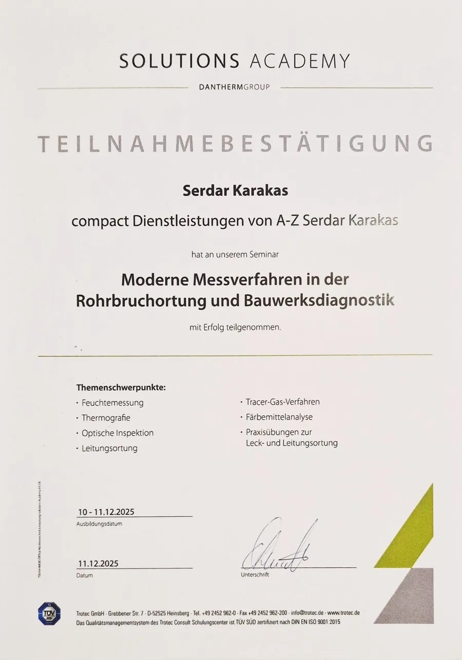 Teilnahmebestätigung moderne Messverfahren in der Rohrbruchortung und Bauwerksdiagnostik, 2025