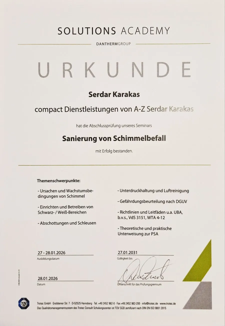 Urkunde Sanierung von Schimmelbefall der Solutions Academy, 2026
