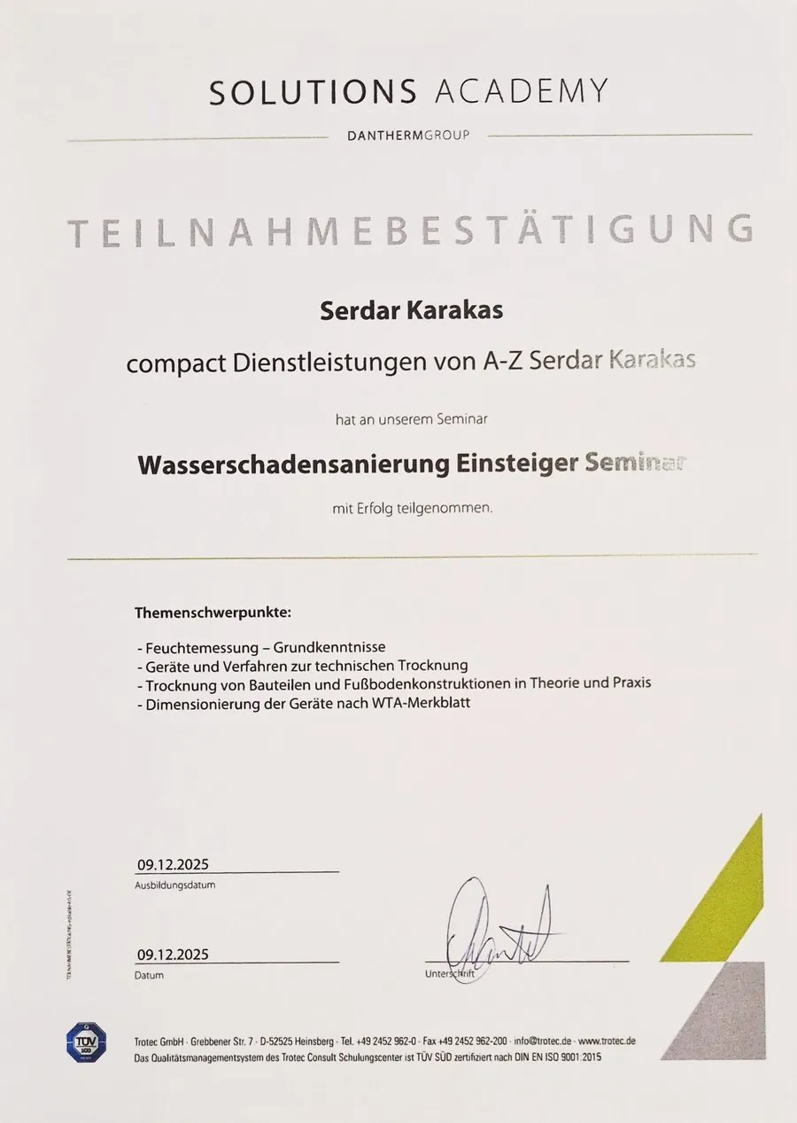 Teilnahmebestätigung Wasserschadensanierung der Solutions Academy, 2025